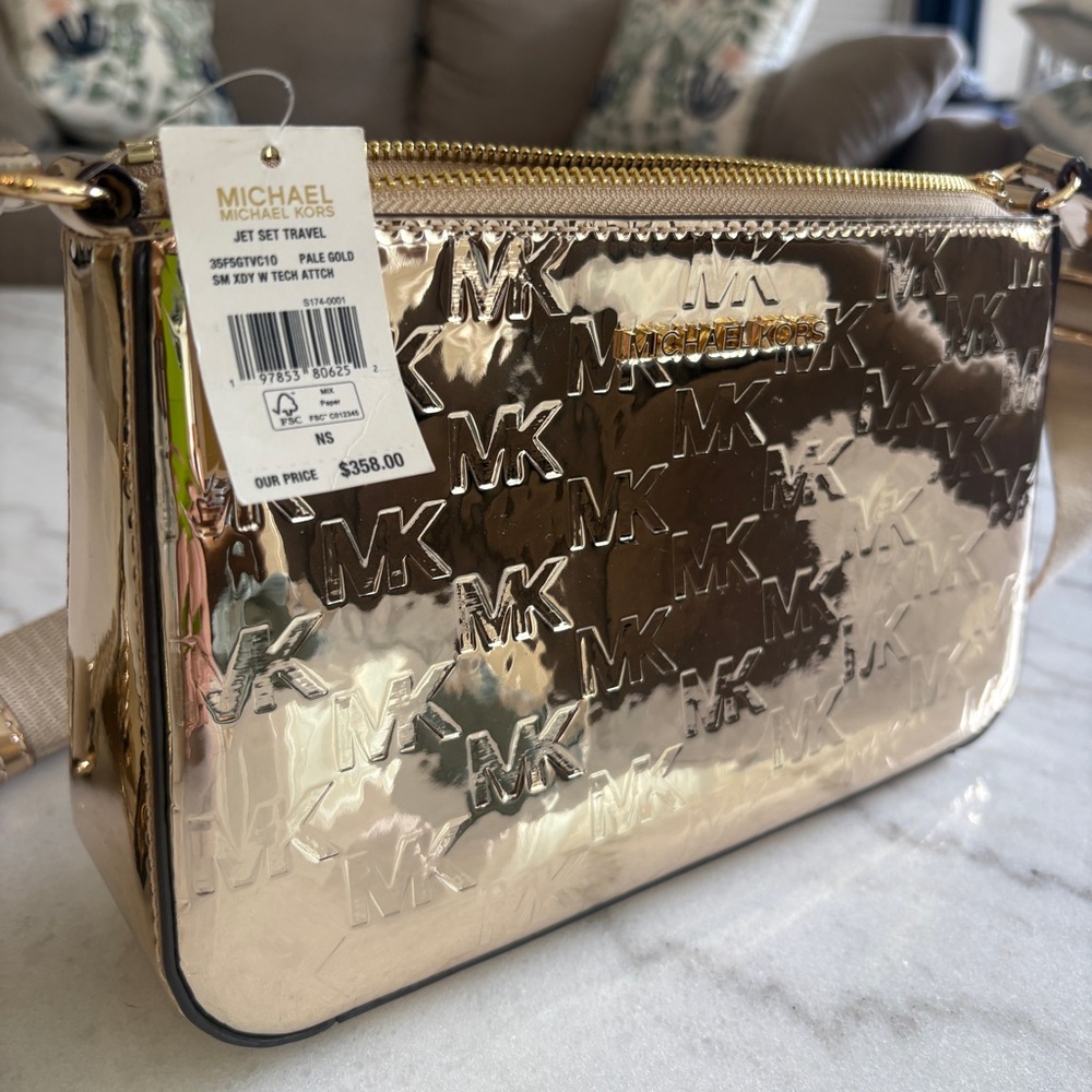 Michael Kors Metallic Gold Jet Set Crossbody Bag with Coin Pouch and Mini Case - Picture 4 of 7